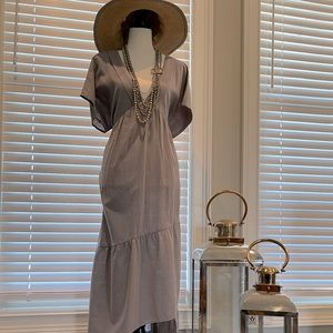 Beautiful flowing Midi V-neck asymmetrical Gray dress